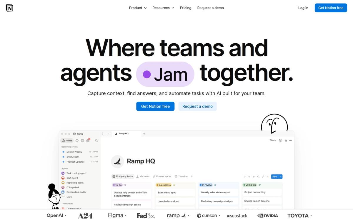 Notion landing page example with an animated rotating headline word and a customer logo rail