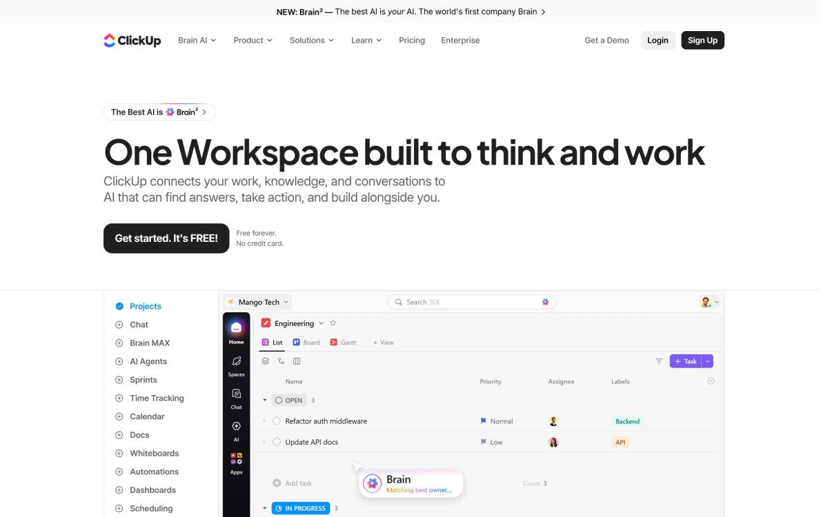 ClickUp landing page example after its headline was rewritten to One Workspace built to think and work