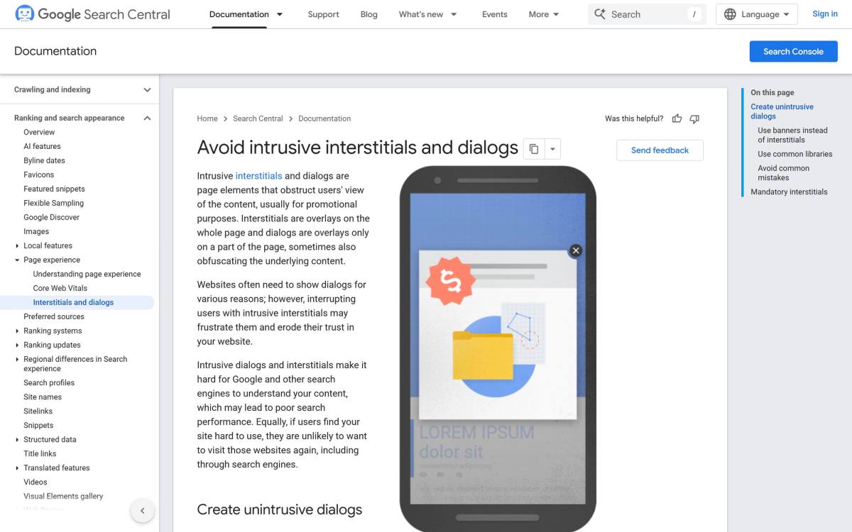 Google Search Central page on avoiding intrusive interstitials and dialogs, where a CRO popup can cost SEO