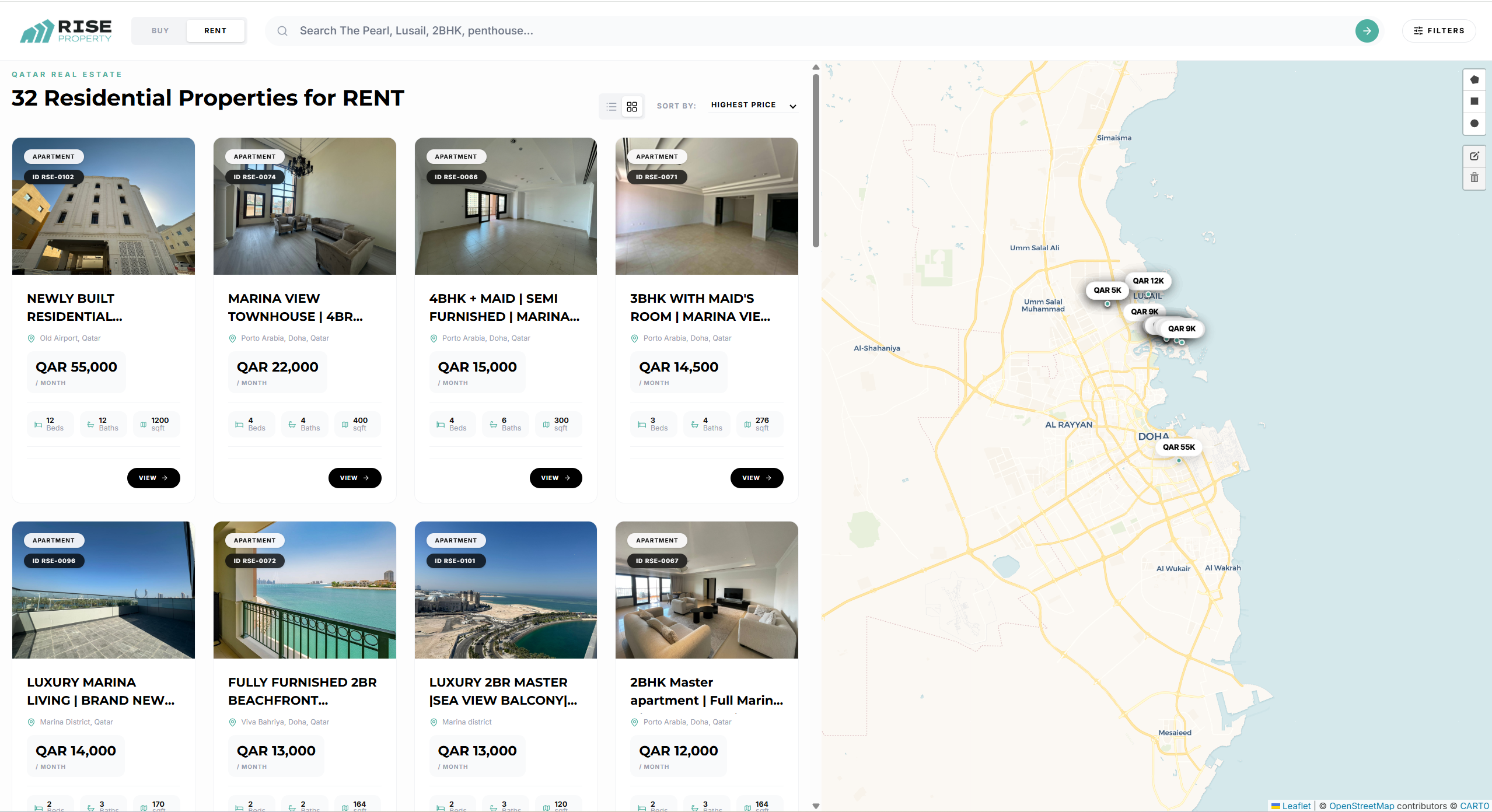 Property Search with Map page design for Rise Property showing the property search with map section