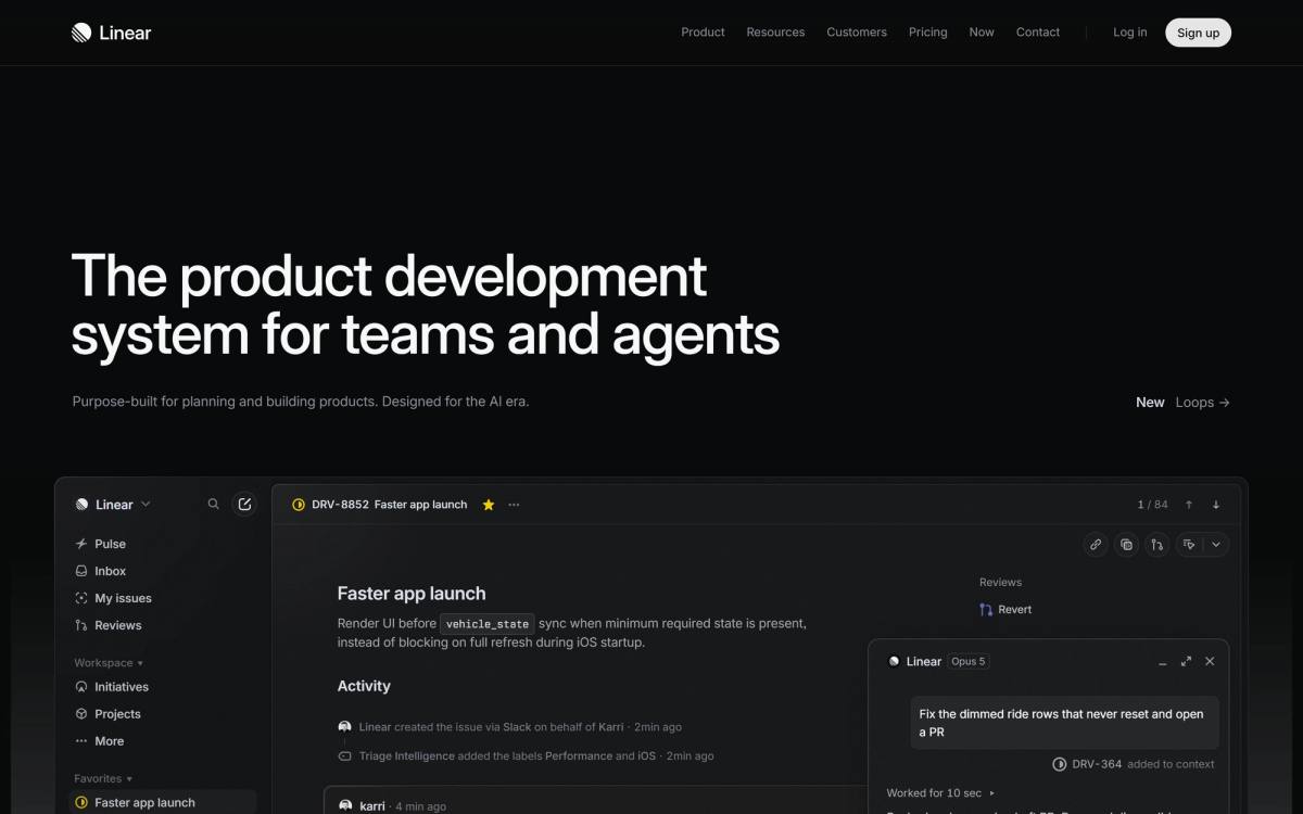 Linear landing page example showing the product interface immediately below the headline with no social proof