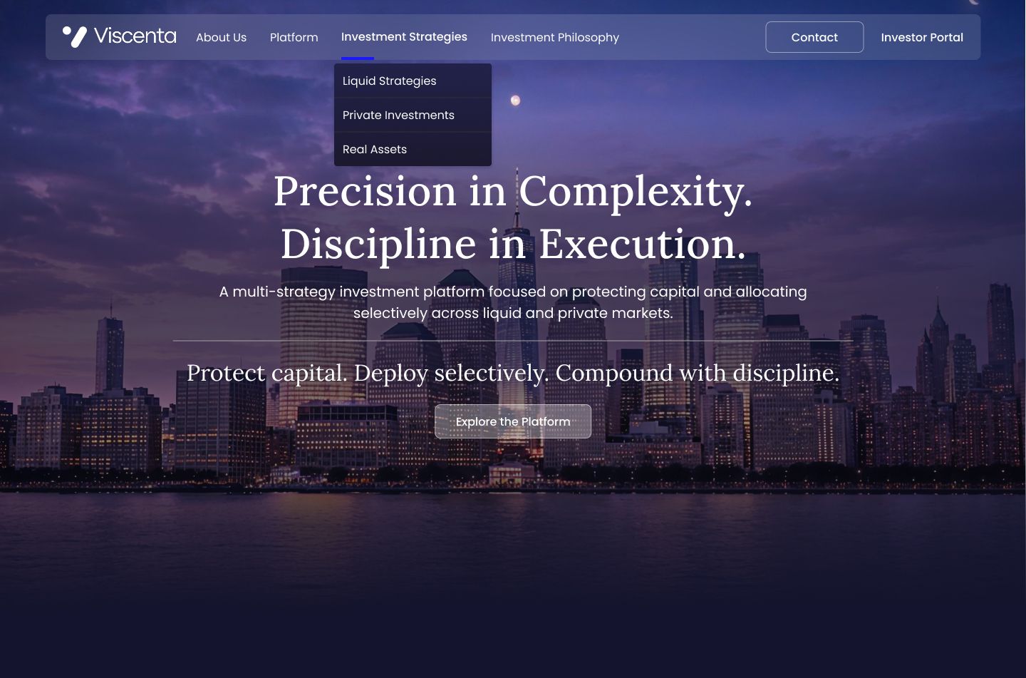 Home page design for Viscenta Capital showing the home section