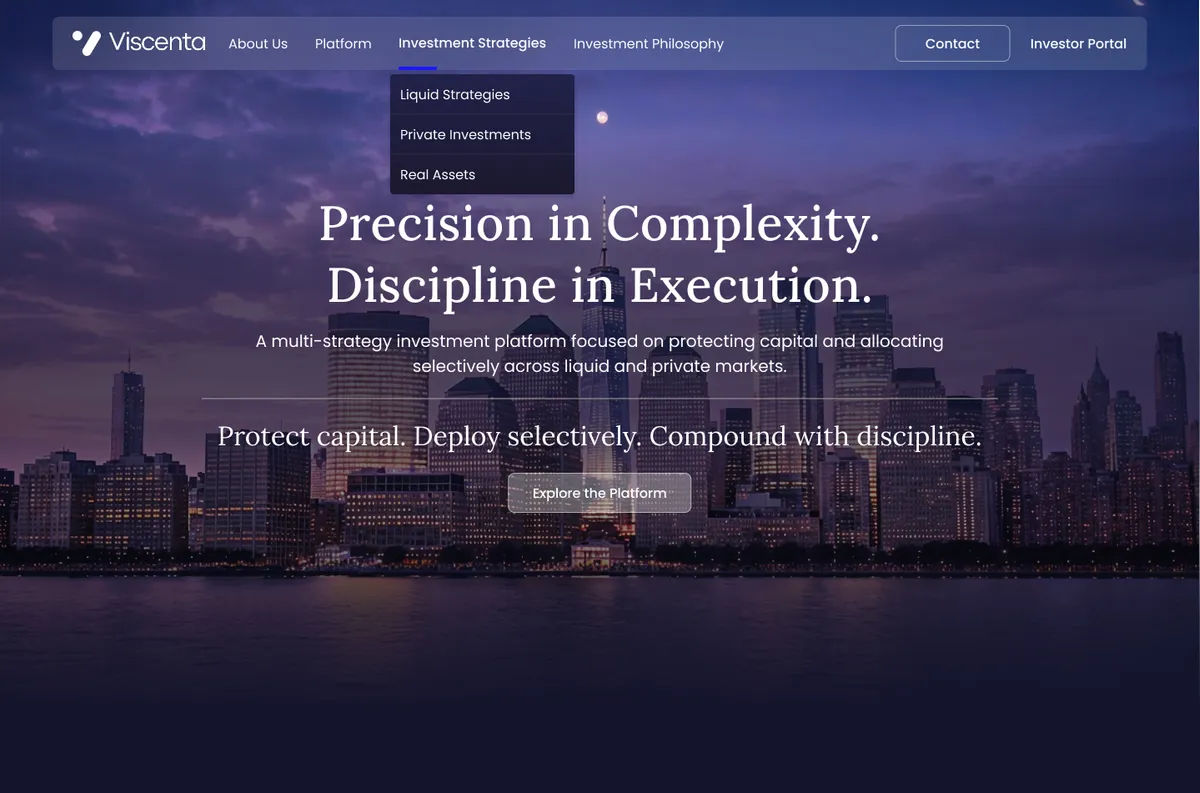 Home page design for Viscenta Capital showing the home section