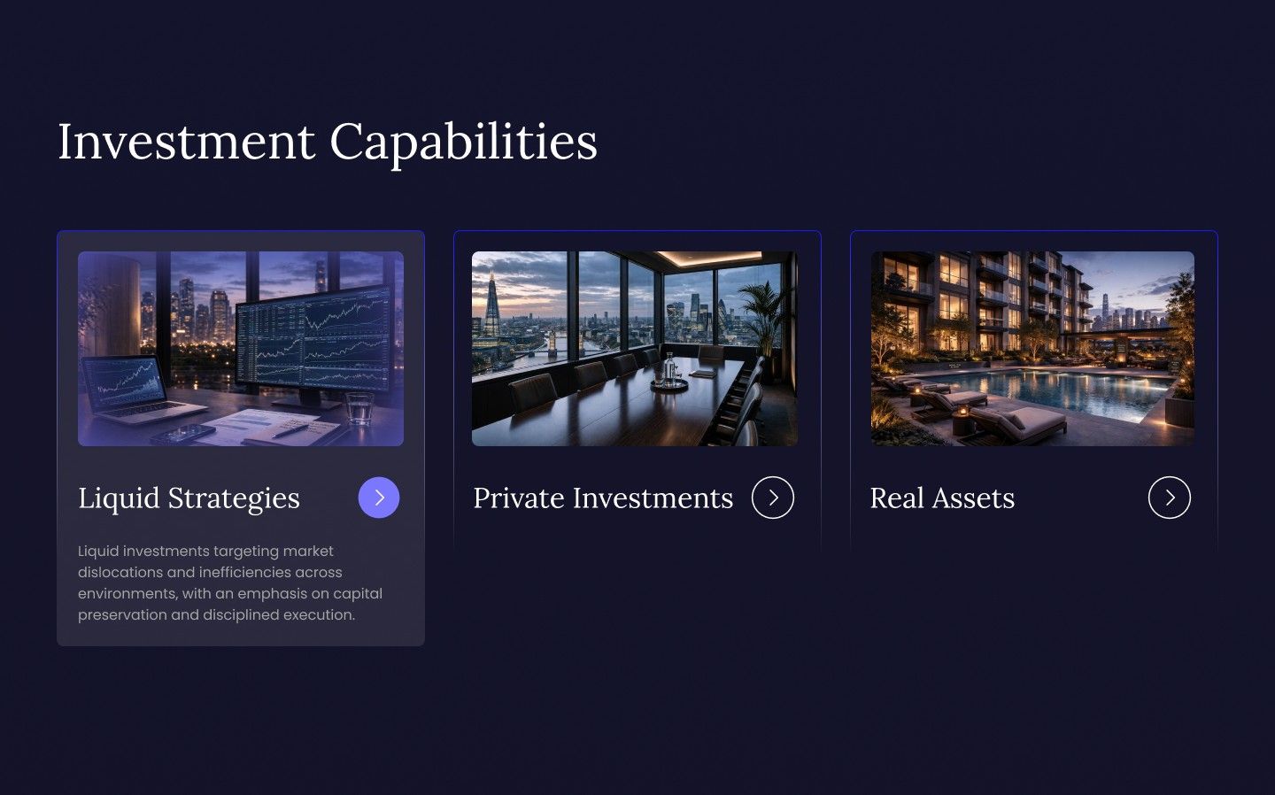 Investment Capabilities page design for Viscenta Capital showing the investment capabilities section