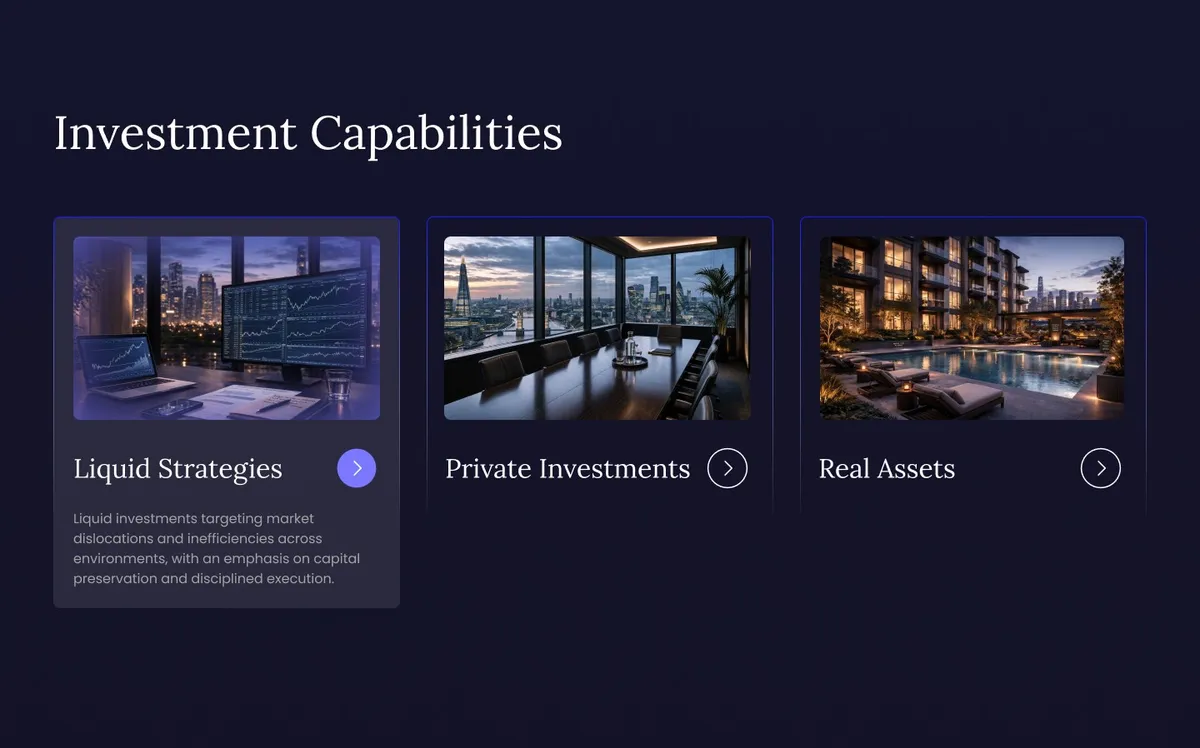 Investment Capabilities page design for Viscenta Capital showing the investment capabilities section