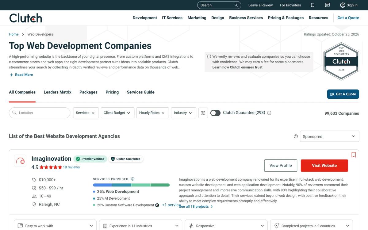 Clutch directory of web development companies showing a count of 99,633 companies