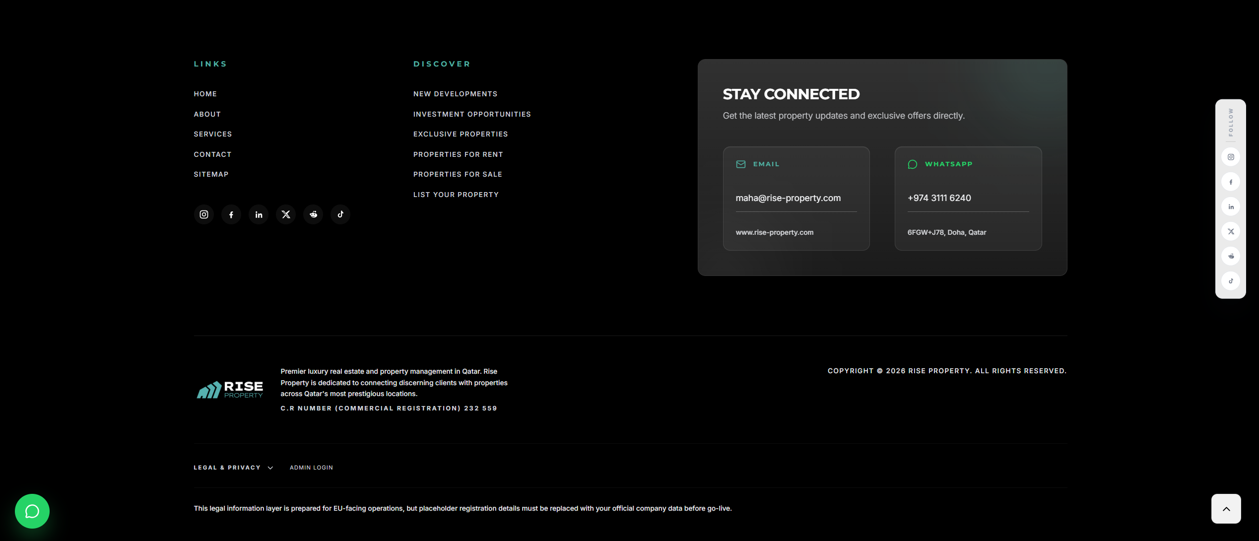 Footer & Contact page design for Rise Property showing the footer & contact section