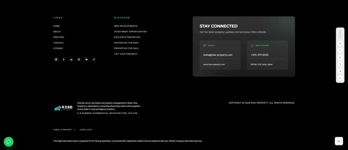 Footer & Contact page design for Rise Property showing the footer & contact section