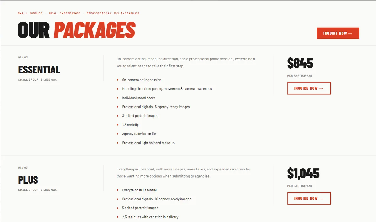Packages page design for Set Studio showing the packages section