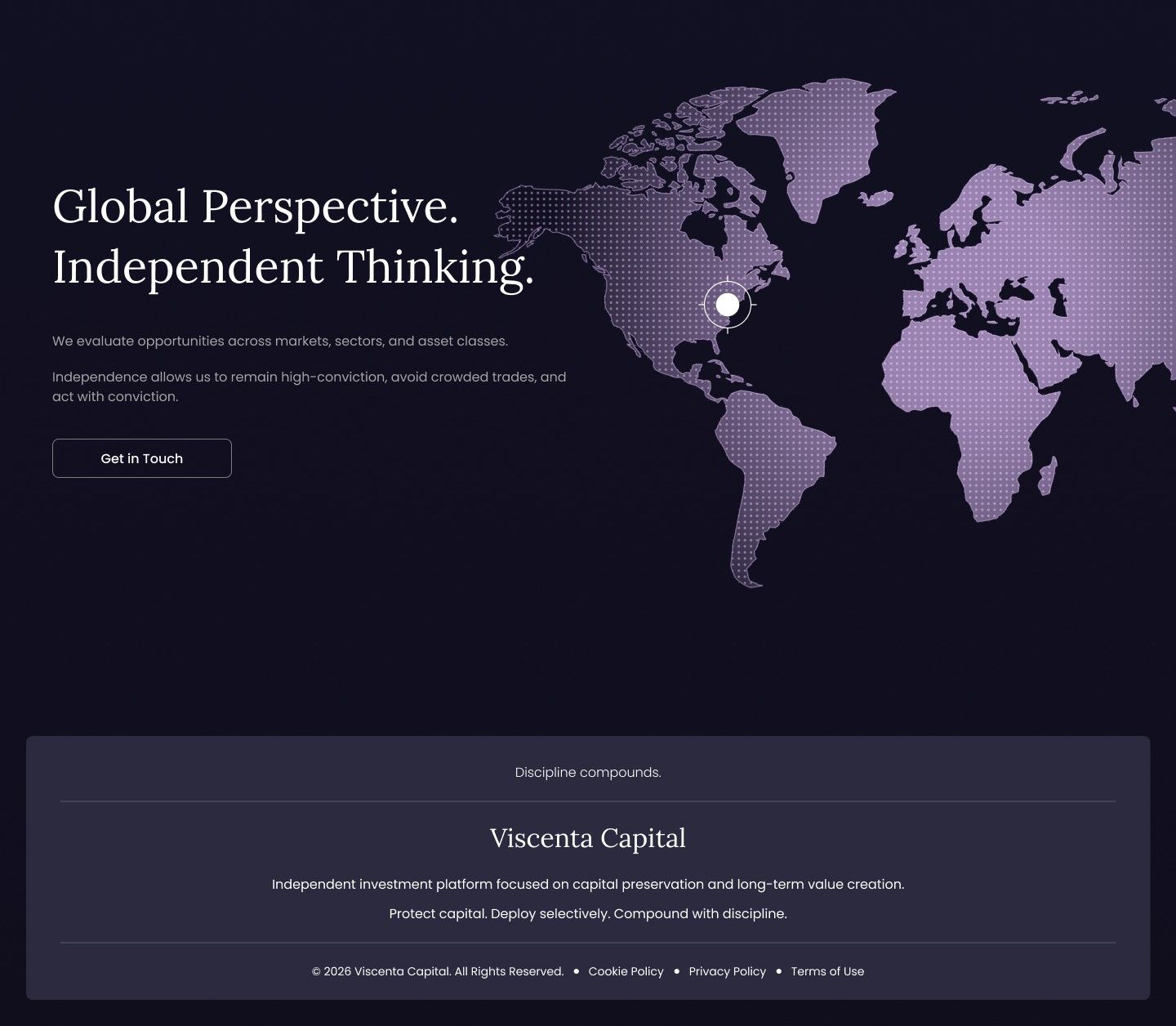 Global Reach page design for Viscenta Capital showing the global reach section