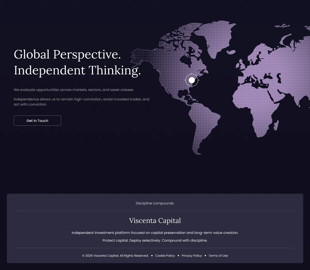 Global Reach page design for Viscenta Capital showing the global reach section
