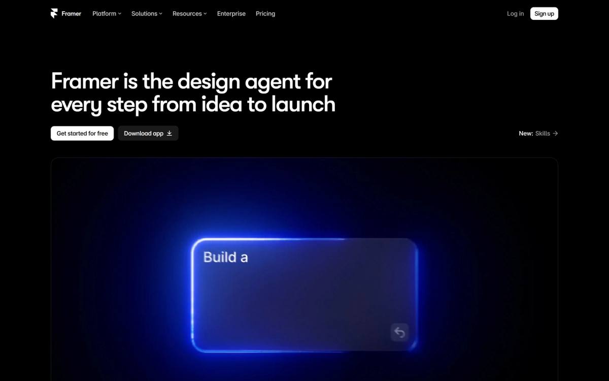 Framer landing page example with a headline and two buttons and no subheadline above the fold