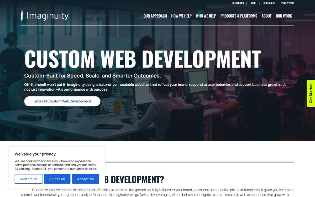 A top-ranking custom web development company page defining custom development as building a site from the ground up