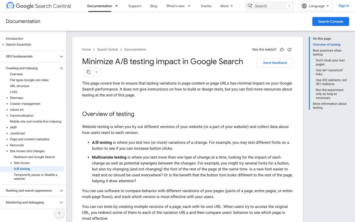 Google Search Central documentation page on minimizing A/B testing impact in Google Search, the CRO SEO rulebook for split tests