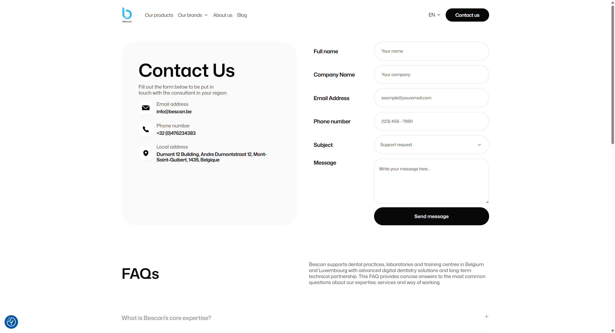 Contact page design for Bescan showing the contact section