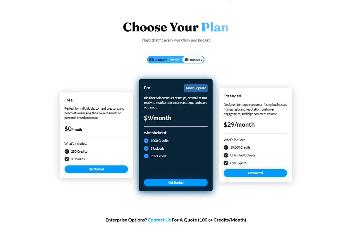 Pricing page design for Comment Compass showing the pricing section