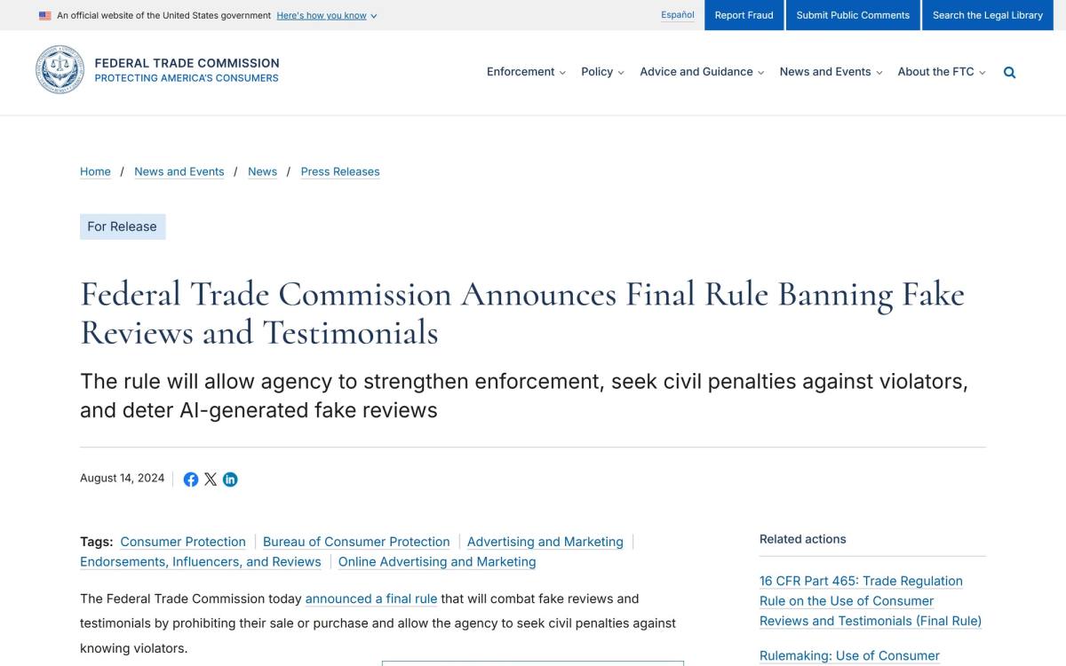 FTC press release announcing the final rule banning fake reviews and testimonials, dated August 14, 2024