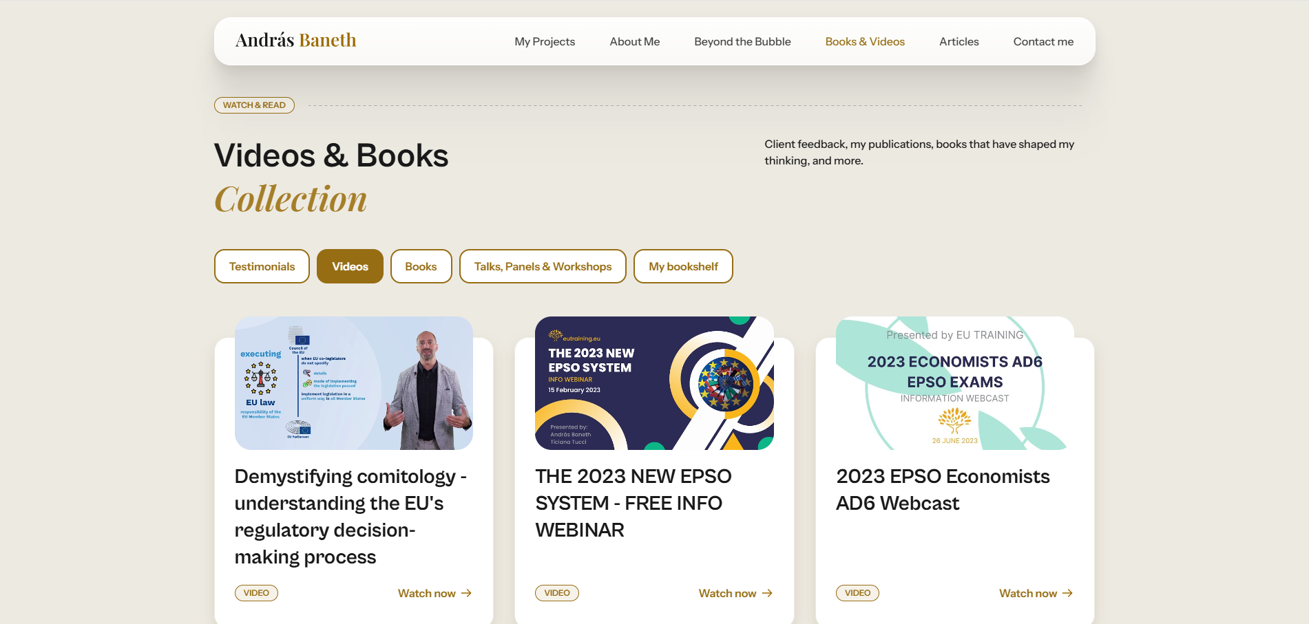 Videos & Books page design for András Baneth showing the videos & books section