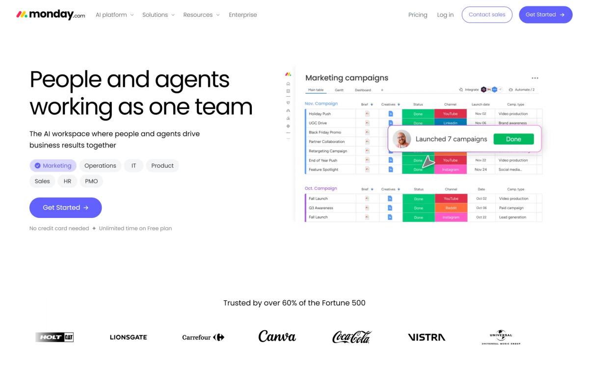 monday.com landing page example showing role tabs under the subheadline and Fortune 500 social proof