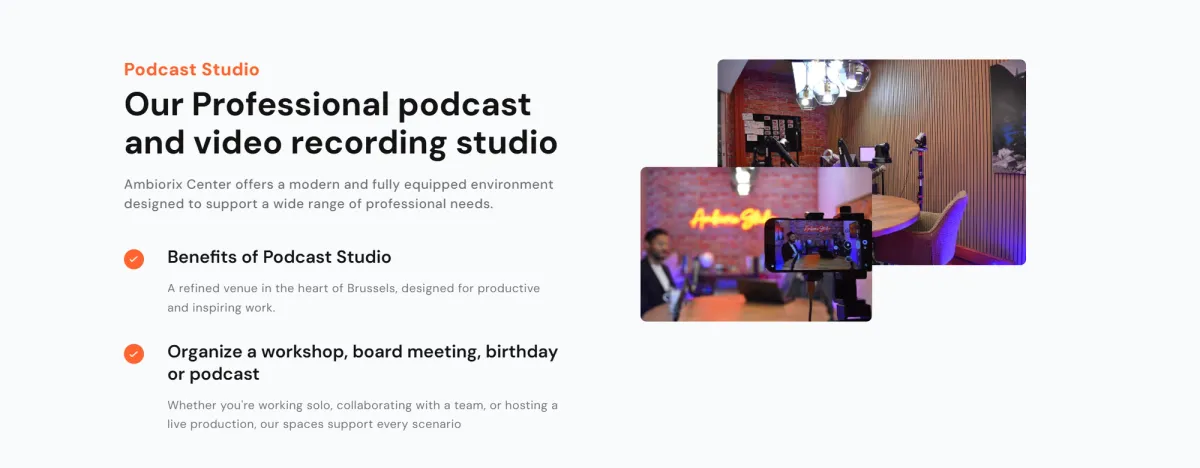 Podcast & Video Studio page design for Ambiorix Center showing the podcast & video studio section