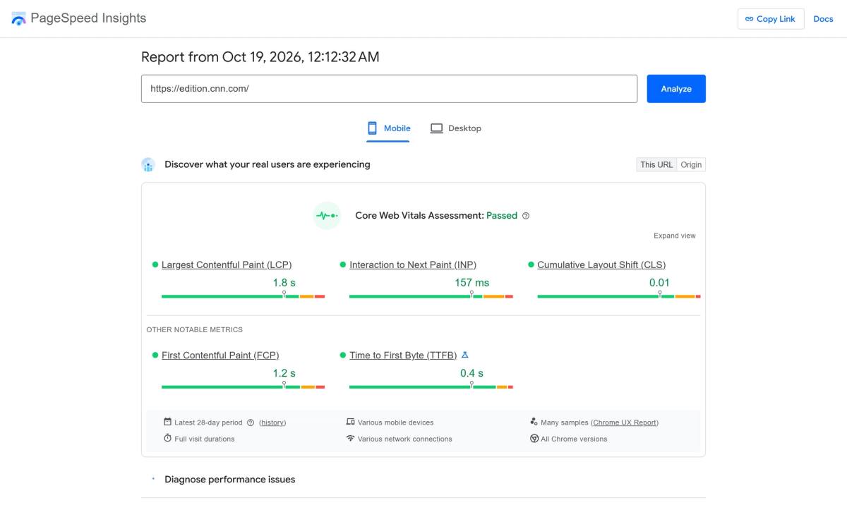 PageSpeed Insights mobile report for cnn.com showing passing LCP, INP and CLS field data for real mobile users
