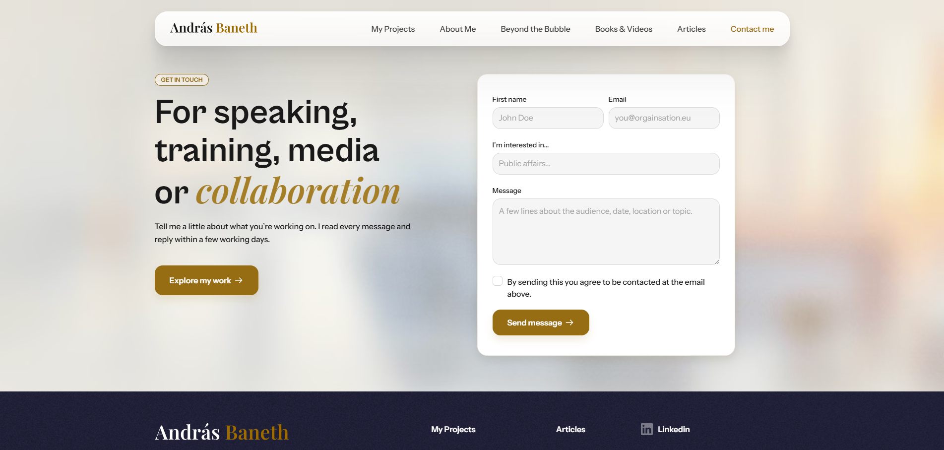 Contact page design for András Baneth showing the contact section