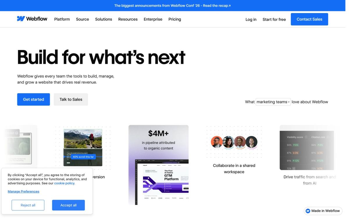 Webflow landing page example with the Build for what's next headline and pipeline revenue figures