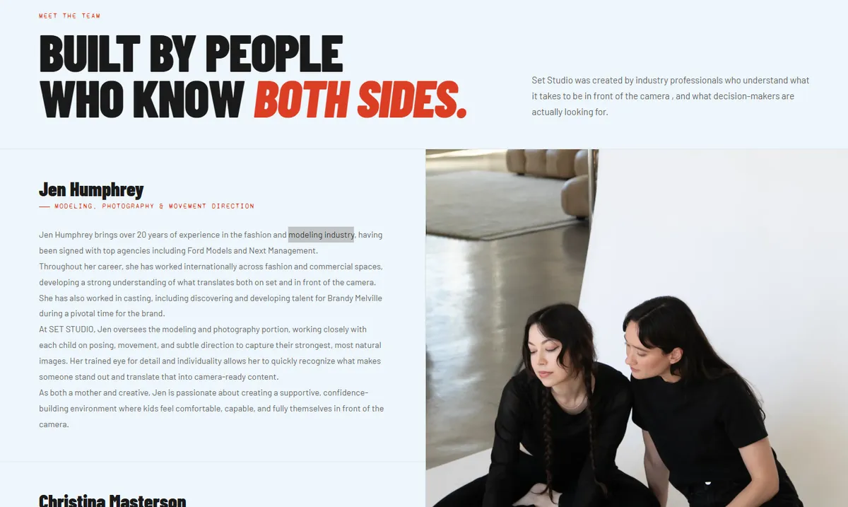 About page design for Set Studio showing the about section