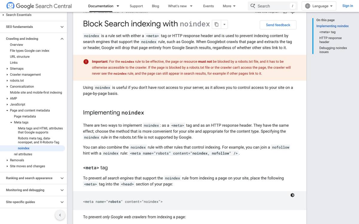 Google Search Central documentation warning that a noindex rule only works if the page is not blocked by robots.txt