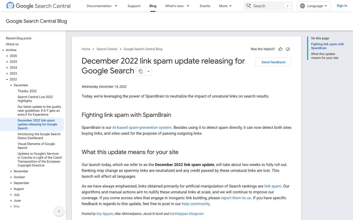Google Search Central blog post announcing the December 2022 link spam update that uses SpamBrain to neutralize unnatural links