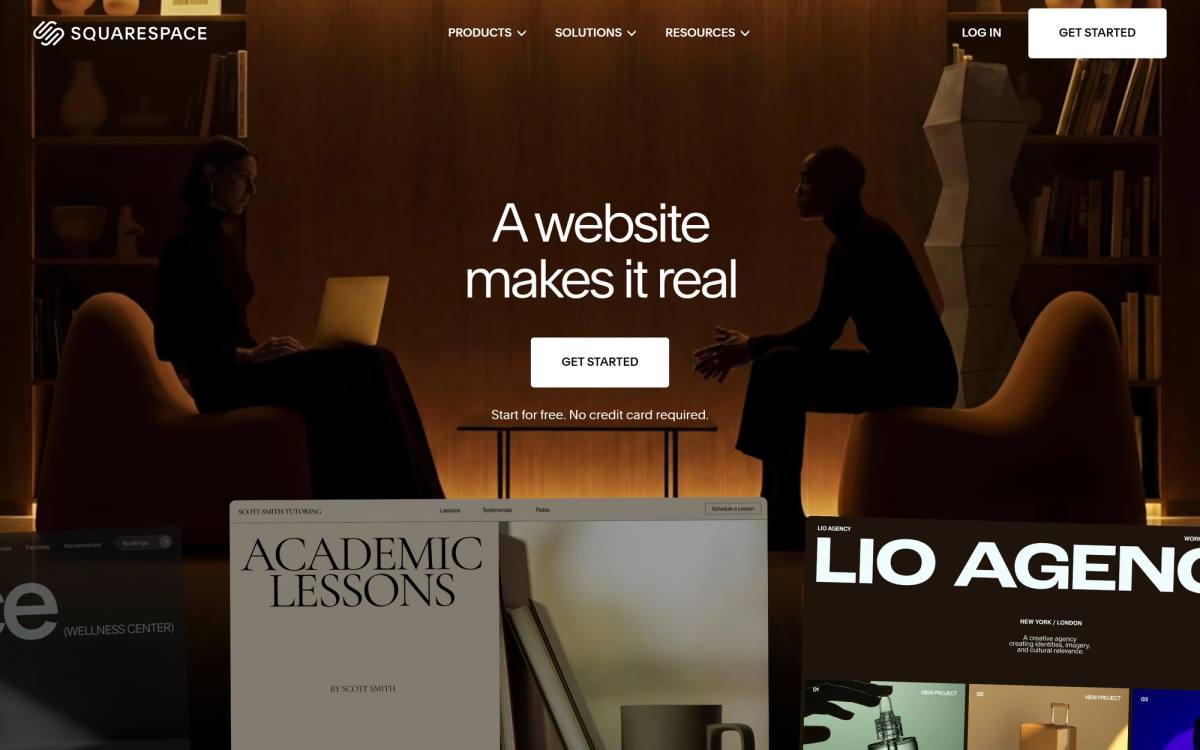 Squarespace landing page example with the headline A website makes it real above a get started button