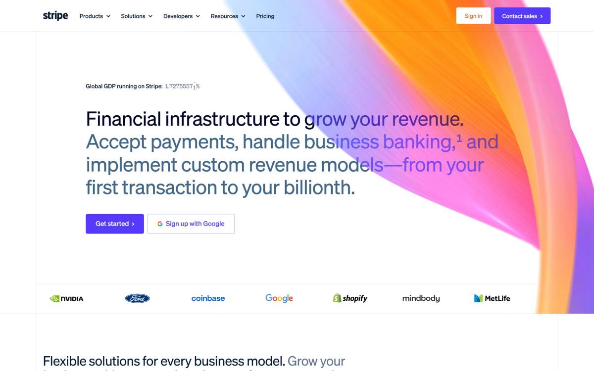 Stripe landing page example showing a live counter reading Global GDP running on Stripe above the headline