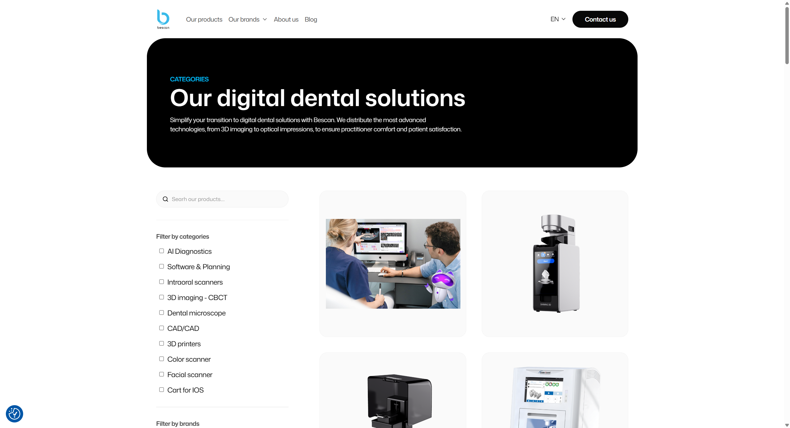 Products page design for Bescan showing the products section