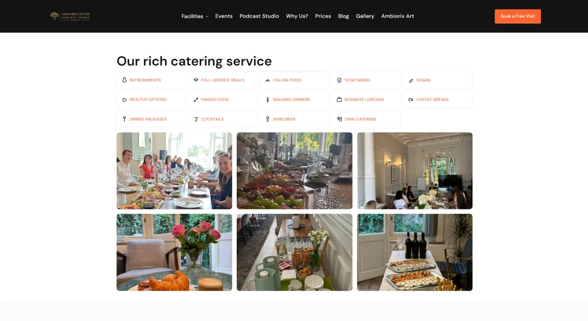Catering page design for Ambiorix Center showing the catering section