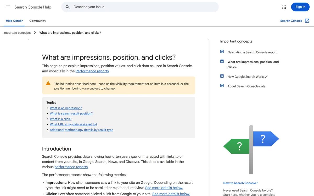Google Search Console help page titled What are impressions, position, and clicks, with a warning that position numbering heuristics are subject to change