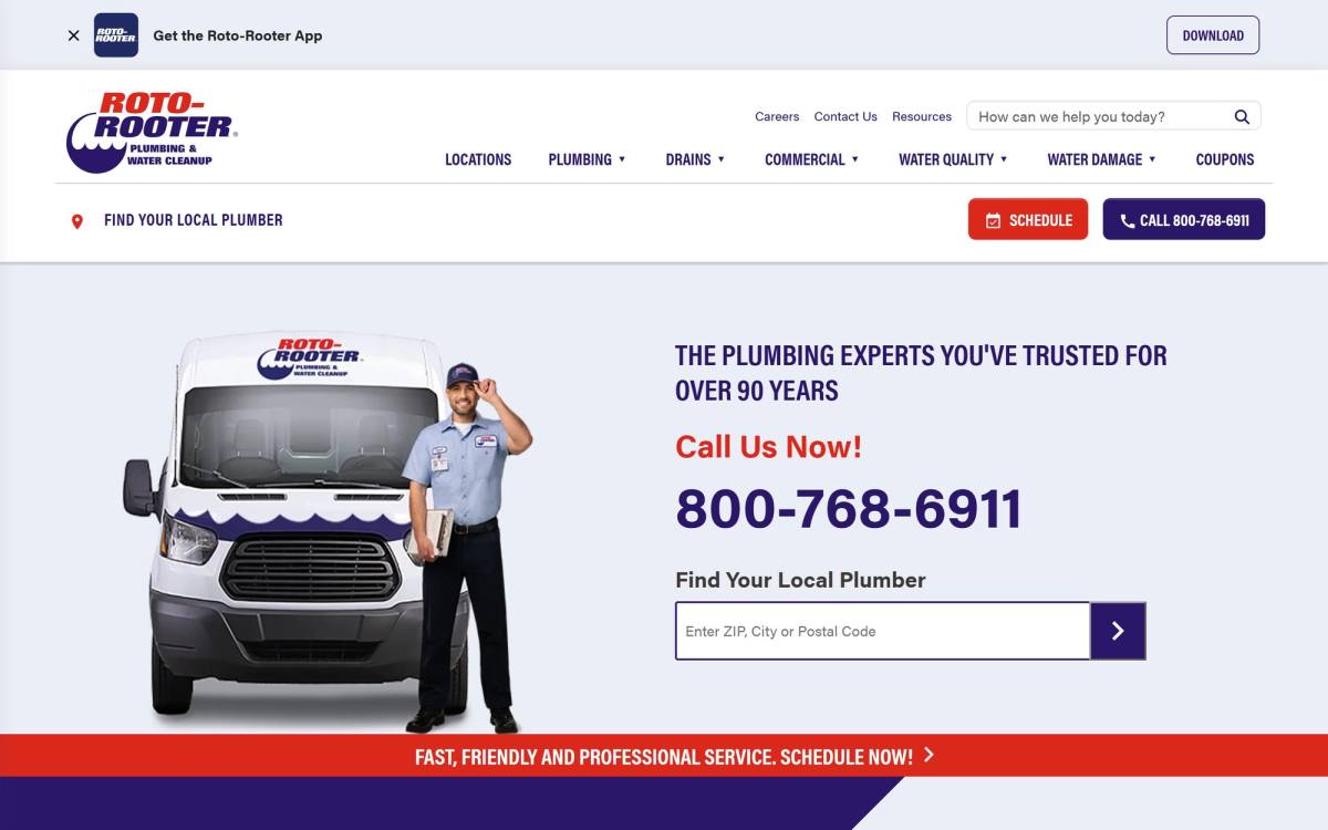 Roto-Rooter homepage hero showing the phone number twice, a Schedule button and a ZIP code search, a classic local lead generation website