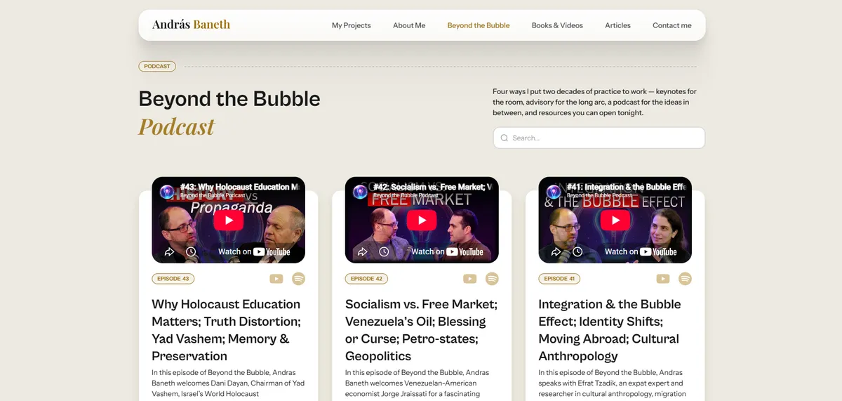 Beyond the Bubble Podcast page design for András Baneth showing the beyond the bubble podcast section