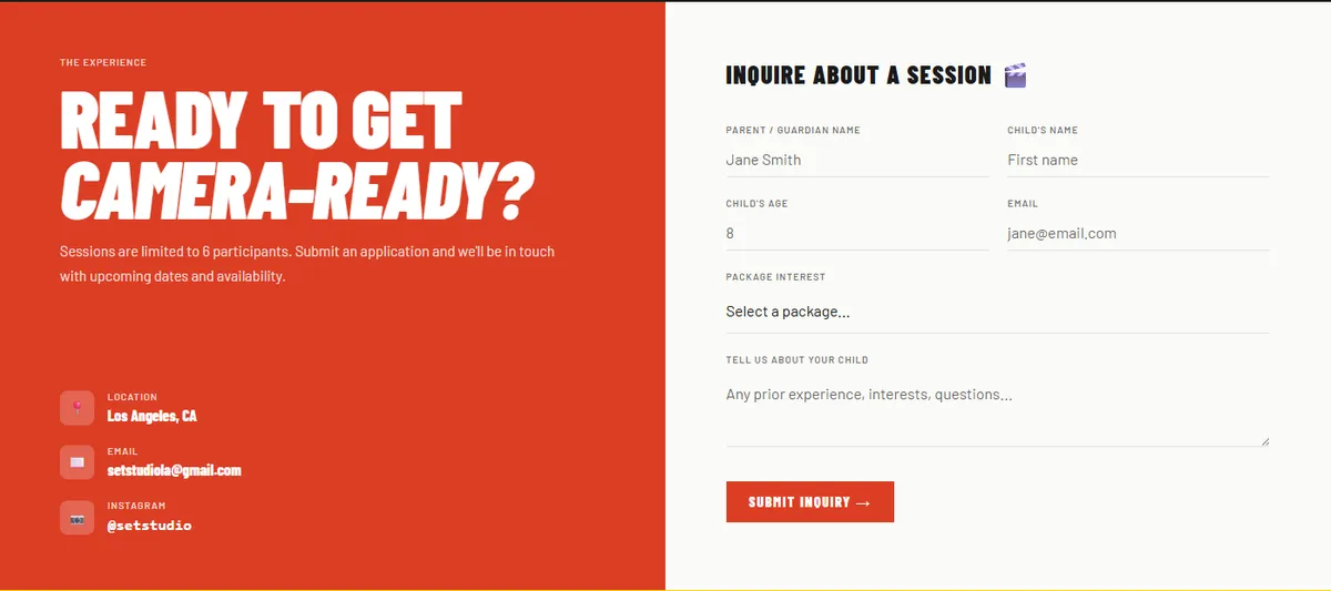 Inquire page design for Set Studio showing the inquire section
