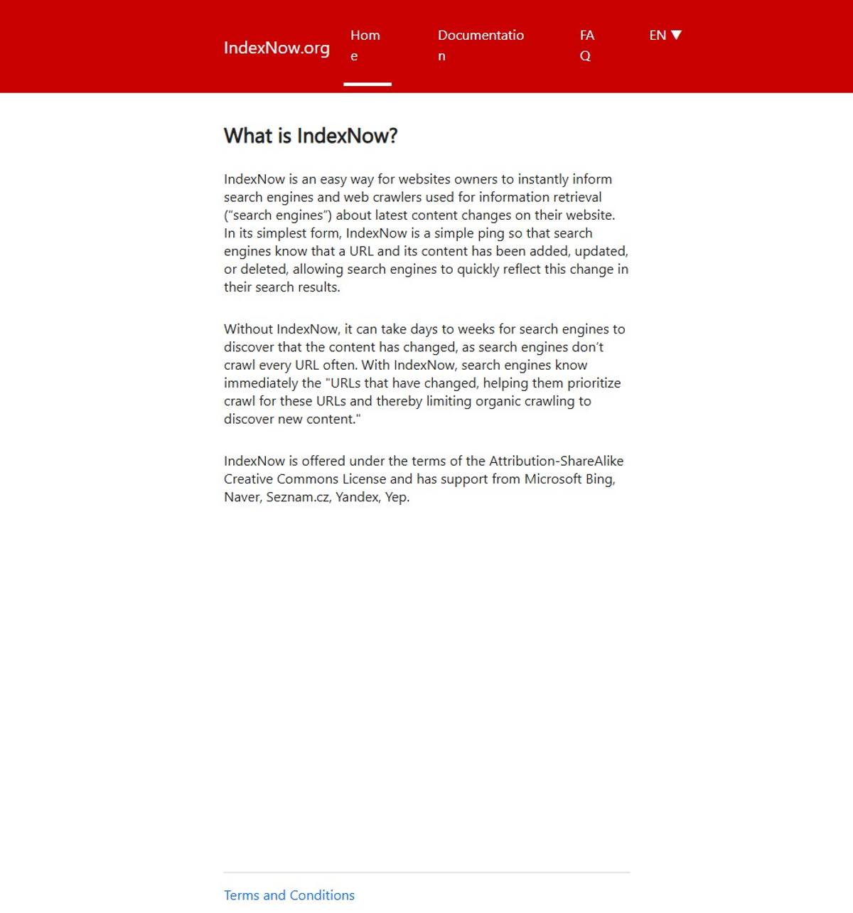IndexNow.org homepage explaining the protocol and naming its supporting search engines: Microsoft Bing, Naver, Seznam.cz, Yandex and Yep