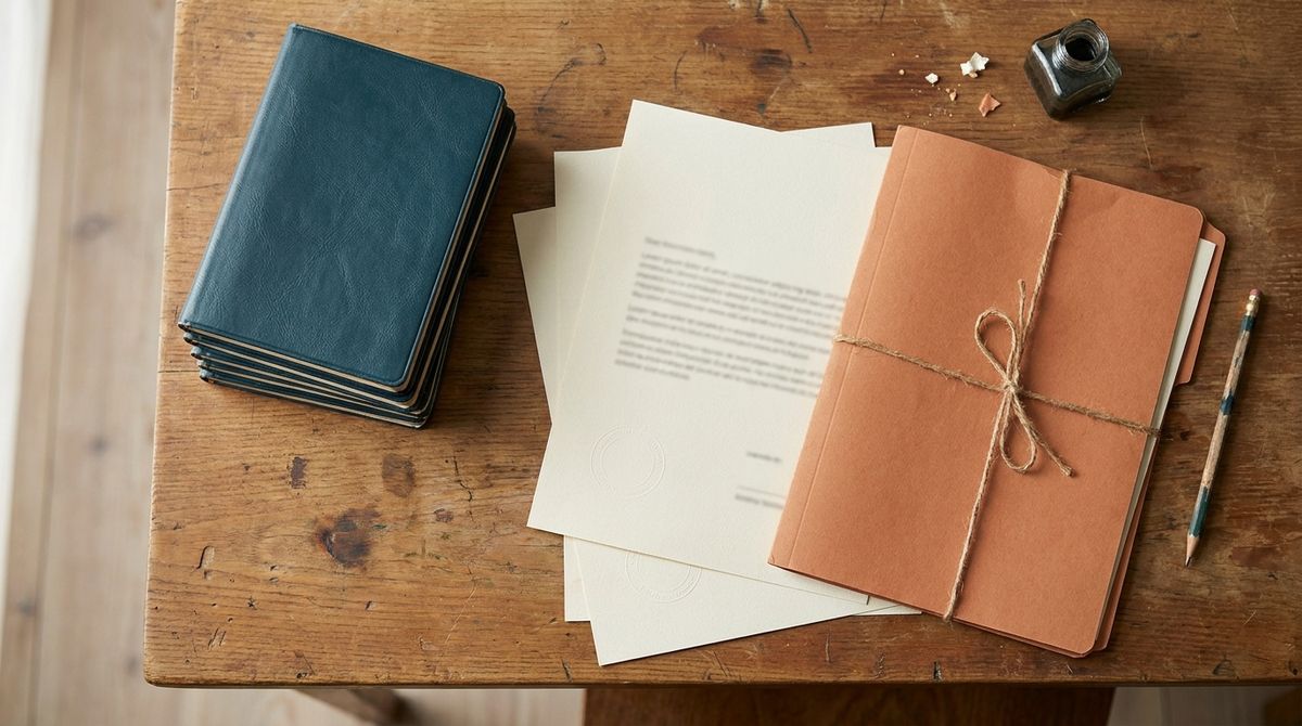Documentos para residência no Paraguai organizados sobre uma mesa, com passaporte e carimbos