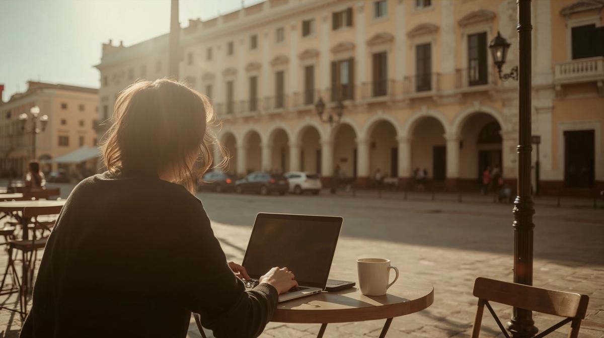 Nômade digital trabalhando remoto em cidade do Paraguai com laptop em café