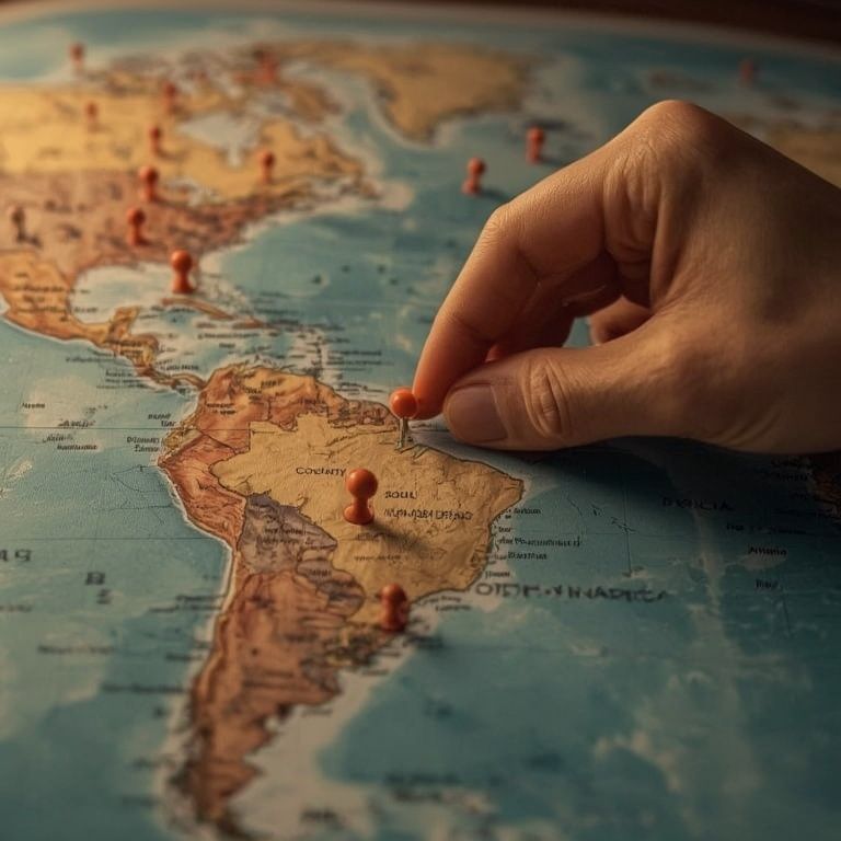 Mapa-múndi com marcação de destinos de residência mais procurados por brasileiros