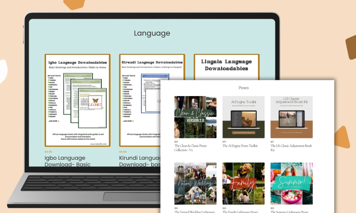 Illustration of various digital downloads displayed as files on a creator's computer screen