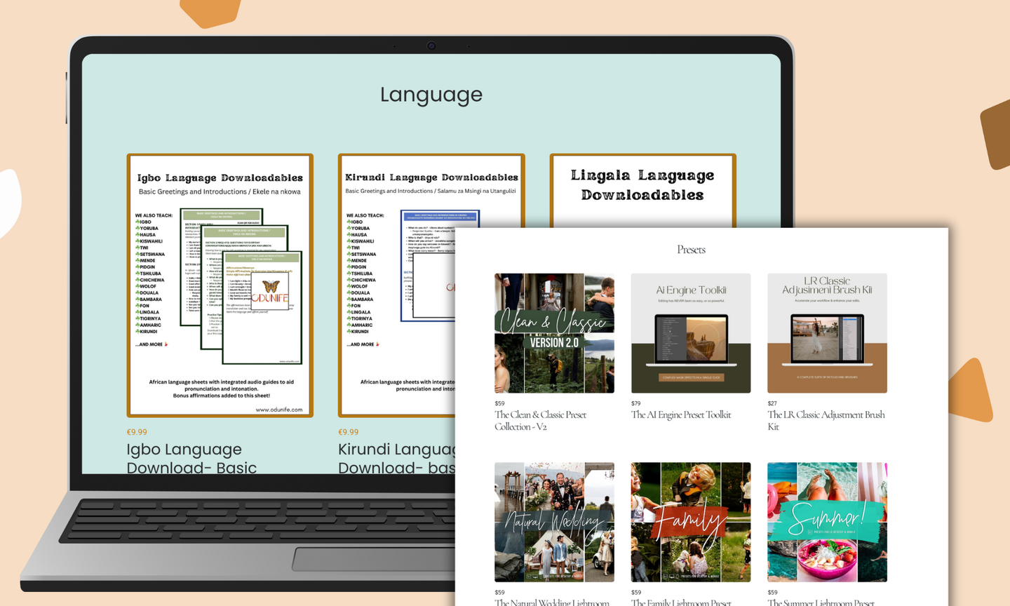 Illustration of various digital downloads displayed as files on a creator's computer screen