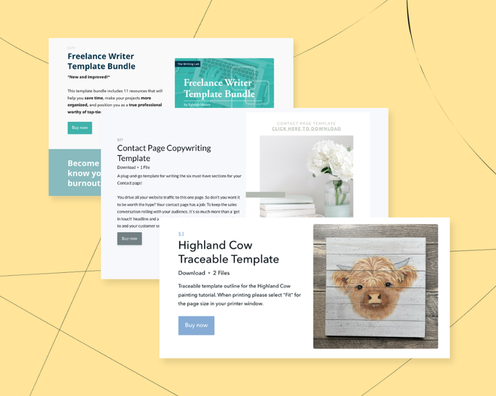 Illustration of profitable digital templates displayed on a designer's screen with price tags