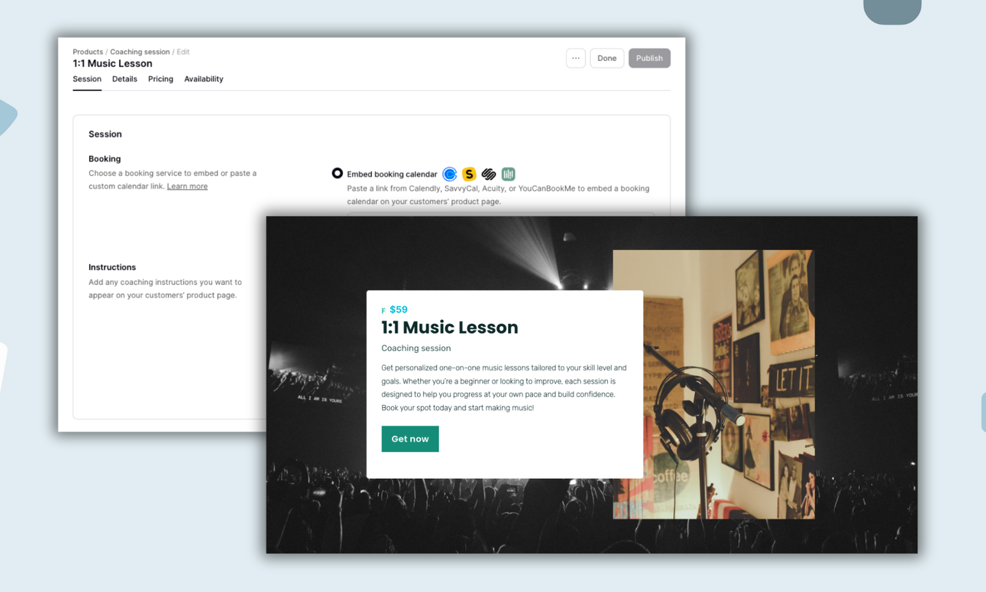 Illustration of an online music teacher giving virtual lessons with instruments and notes