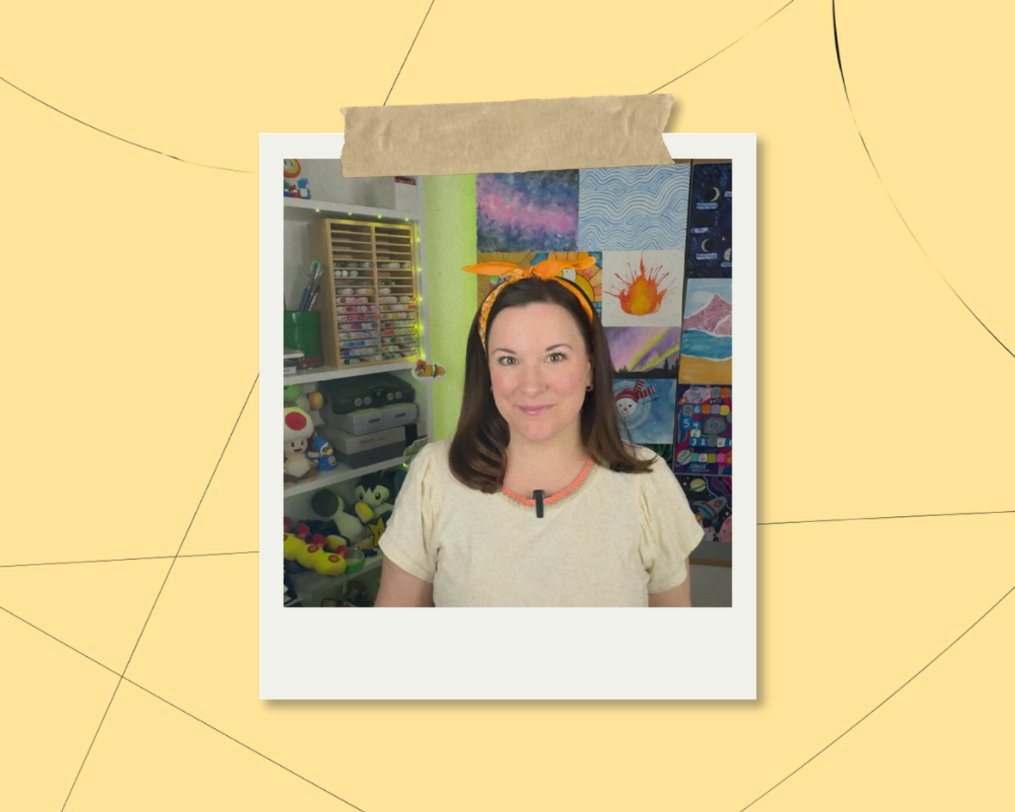 Portrait illustration of art teacher Jes Sudbrink surrounded by paintbrushes and homeschool members