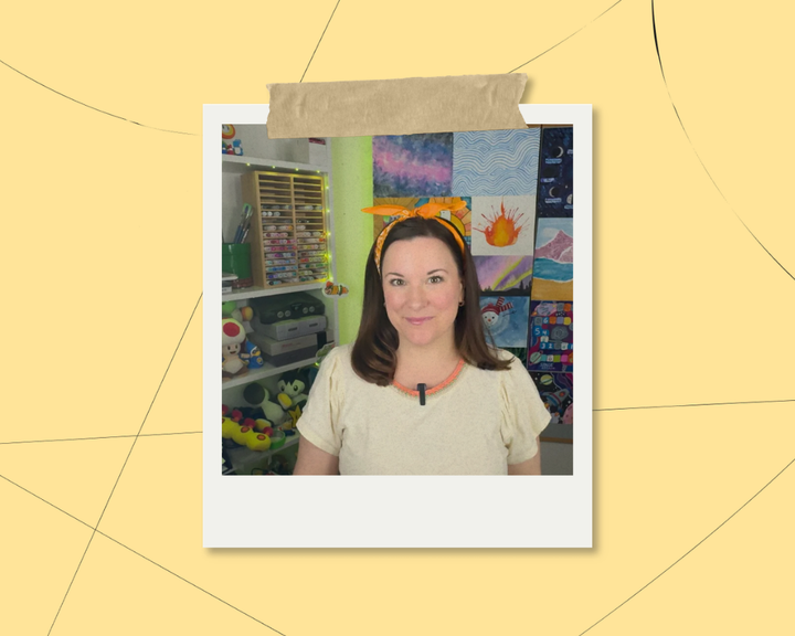 Portrait illustration of art teacher Jes Sudbrink surrounded by paintbrushes and homeschool members