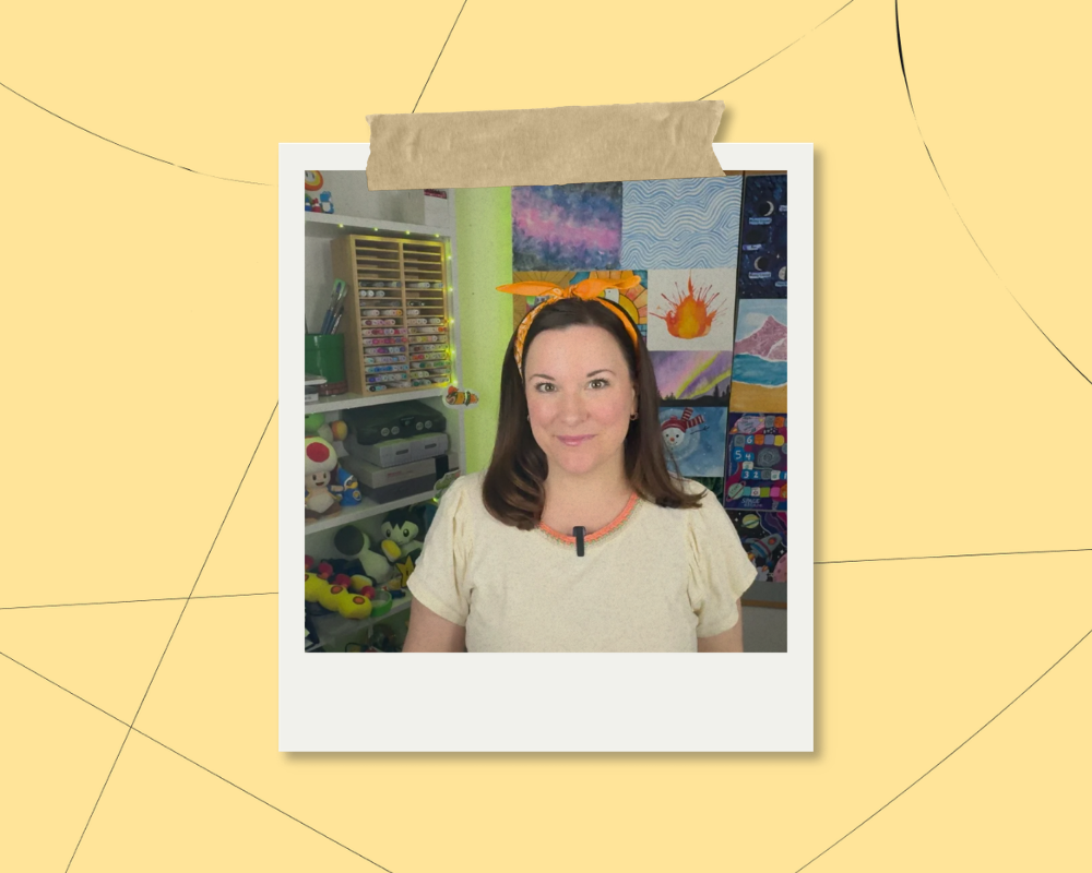 Portrait illustration of art teacher Jes Sudbrink surrounded by paintbrushes and homeschool members