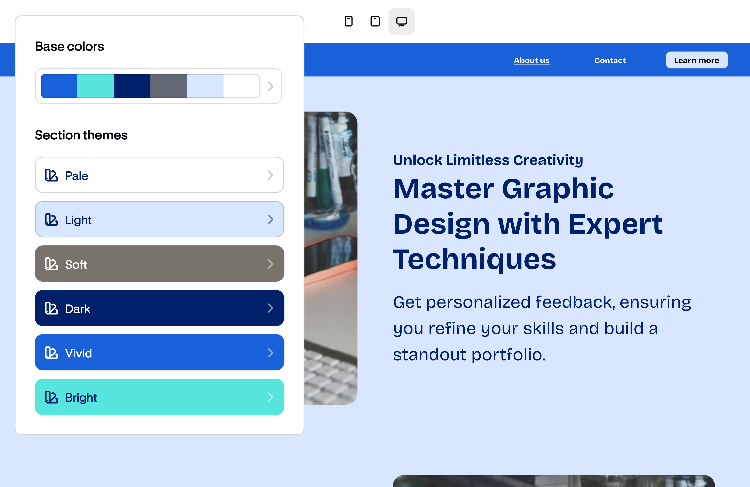 The Podia website builder showing a course landing page next to a panel for editing base colors and section themes.